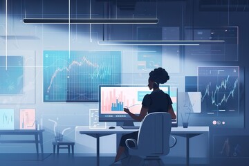 Poster - A Woman Sitting At A Desk In Front Of A Computer Monitor Conference Room Animation Entrepreneurial Finance