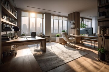 Poster - A Living Room With A Desk And A Chair In It And A Large Window Modern City Skyline In The Morning With Sunrise Panoramic Photography Interior Design Generative AI 