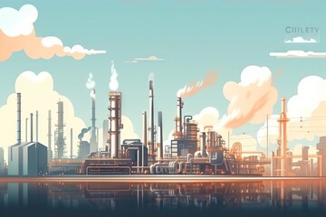 Poster - A Factory With Smoke Stacks And Pipes In The Sky Above Water Factory Animation Manufacturing Generative AI 