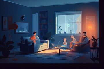Aufkleber - a family is sitting in a living room at night time watching tv living room animation smart homes
