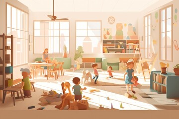 Poster - A Group Of Children Playing In A Room With A Window And A Book Shelf Classroom Environmental Art Environment Generative AI 