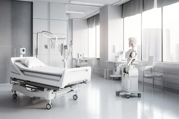 Poster - A Hospital Room With A Bed And A Robot In It's Room Hospital Panoramic Photography Medical Devices Generative AI 