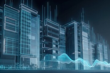 Poster - A Futuristic City With A Blue Light And Lines Of Buildings In The Background Modern Urban Skyline Animation Real Estate Investment Trusts (reits) Generative AI 