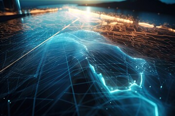 Poster - A Computer Generated Image Of A Map Of The World With Lines And Dots Deep Sea Trench Aerial Photography Supply Chain Optimization Generative AI 