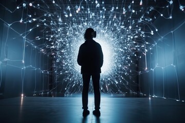 Poster - A Man Standing In Front Of A Large Display Of Lights And Shapes Deep Sea Trench Video Art Virtual Reality