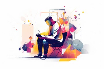 Poster - A Man Sitting On A Chair While Using A Laptop Computer In Front Of Him Workshop Graphic Design Business Writing Generative AI 
