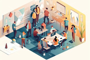 Poster - A Group Of People Standing Around A Table In A Room With A Computer Workshop Graphic Design Instructional Design Generative AI 