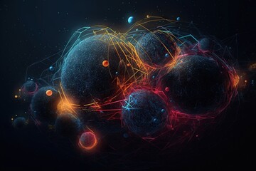 Poster - A Computer Generated Image Of A Cluster Of Spheres And Lines In Space Lunar Landscape Animation Motion Graphics Generative AI 