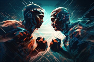 Poster - Two Men In A Boxing Ring With A Blue Background And A Red And White Background Boxing Gym Typography Motion Graphics Generative AI 