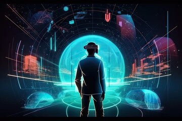 Poster - A Man Standing In Front Of A Futuristic Tunnel With Neon Lights Deep Sea Trench Stereoscopic Photography Virtual Reality Generative AI 