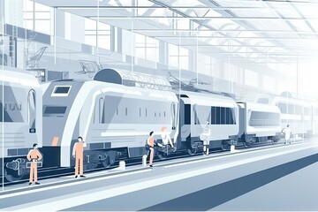 Poster - A Train Station With People Waiting For The Train To Arrive And Leave Factory Advertising Photography Supply Chain Optimization Generative AI 