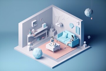 Poster - A Living Room With A Blue Couch And A Blue Chair And A Table Living Room Animation Smart Homes Generative AI 