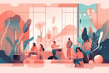 Poster - People Sitting In A Room With Plants And Plants In The Window Coffee Shop Animation Motion Graphics