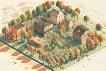 Poster - A Computer Generated Image Of A Small Town Surrounded By Trees And Buildings Suburban Cul-de-sac Animation Energy-efficient Homes Generative AI 