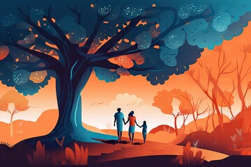 Poster - A Family Walking Through A Forest At Sunset With A Tree In The Foreground Orchard Environmental Art Life Insurance Generative AI 
