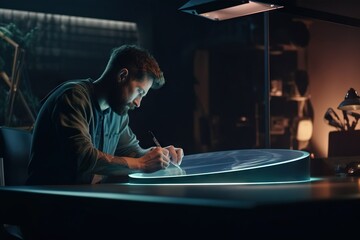 Poster - A Man Sitting At A Desk Writing On A Piece Of Paper Workshop Advertising Photography Motion Graphics Generative AI 