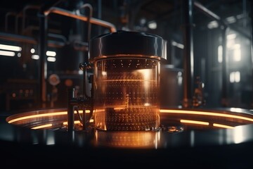 Poster - A Large Metal Container With A Light Inside Of It On A Table Distillery Animation Motion Graphics