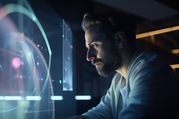 Poster - A Man Looking At A Computer Screen In A Dark Room With Neon Lights Workshop Animation Data Analytics