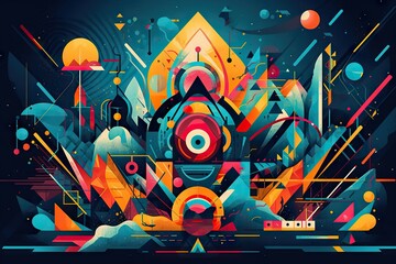 Fototapete - A Colorful Abstract Artwork With A Lot Of Shapes And Colors On It Mountain Animation Motion Graphics Generative AI 