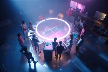 Poster - A Group Of People Standing Around A Table In A Room With A Circular Light Conference Room Kinetic Art Set Design Generative AI 