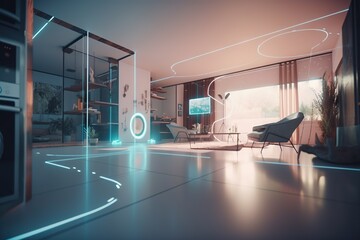 Poster - A Futuristic Living Room With A Large Glass Wall And A Tv Living Room Photorealism Smart Homes