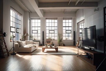 Poster - A Living Room With A Couch Chair Television And Windows Living Room Photorealism Interior Photography