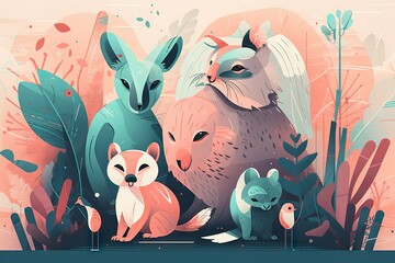 Poster - A Group Of Animals That Are Standing In The Grass Together With Plants Wildlife Refuge Environmental Art Wildlife Conservation Generative AI 