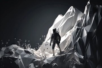 Poster - A Man Standing On Top Of A Mountain Covered In Snow Next To A Giant Mountain Lunar Landscape Video Art Motion Graphics Generative AI 