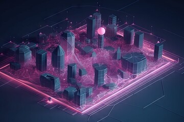 Poster - A Futuristic City With A Pink Light On Top Of It And A Pink Light On The Bottom Modern Urban Skyline Video Art Motion Graphics Generative AI 
