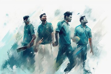 Poster - A Group Of Men Walking Across A White And Blue Background With A Ball Hostel Sports Photography Digital Painting Generative AI 