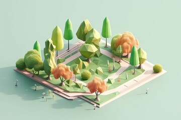 Wall Mural - A Low Polygonal Landscape With Trees And Bushes On A Map Park Animation Motion Graphics Generative AI 