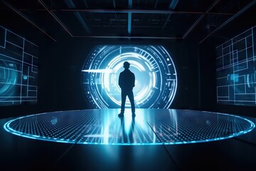 Poster - a man standing in front of a large circular object in a dark room conference room video art set desi