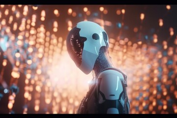Poster - A Robot With A Helmet And A Body Suit On Looking At A Background Of Lights Arcade Animation Artificial Intelligence Generative AI 