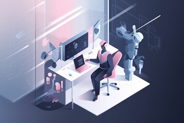 Poster - a man sitting at a desk in front of a monitor with a robot on it workshop animation web development