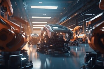 Poster - A Group Of Robots Are In A Large Building With A Car Factory Animation Robotics Engineering Generative AI 