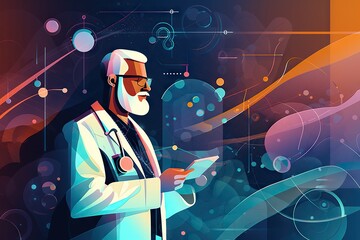 Poster - A Man In A Suit Is Looking At A Cell Phone While Standing In Front Of A Colorful Background Hospital Graphic Design Medical Writing Generative AI 