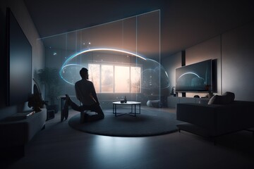 Poster - A Man Sitting In A Living Room Watching Tv At Night Time Living Room Photorealism Smart Homes