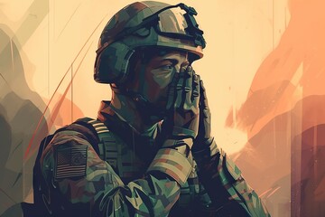 Poster - A Soldier In Camouflage Holding His Hand To His Face With A Desert Background Military Base Digital Art Digital Illustration Generative AI 
