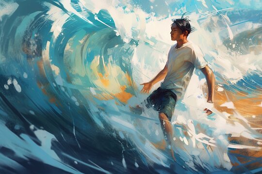 A Painting Of A Man Surfing A Wave In The Ocean With A Yellow And Blue Background Beach Photorealism Digital Painting Generative AI 