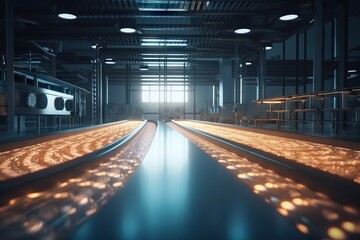 Poster - A Train Track In A Large Building With Lights On It's Sides Factory Animation Manufacturing Planning And Control