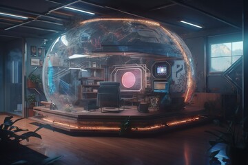 Poster - A Room With A Large Glass Ball On The Floor And A Television Set Inside Living Room Animation Set Design