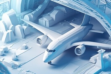 Poster - A Futuristic Airplane Is Shown In This Image With A Blue Background Airport Advertising Photography Manufacturing Planning And Control Generative AI 