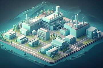 Poster - A Computer Generated Image Of A Factory Complex In The Middle Of The Ocean Factory Animation Motion Graphics Generative AI 