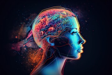 Poster - A Woman's Head With A Colorful Brain Model In The Middle Science Museum Graphic Design Neuroscience