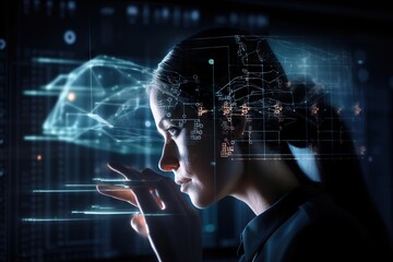Poster - A Woman Is Looking At A Screen With A Futuristic Interface On It Workshop Stereoscopic Photography Robotics Engineering Generative AI 