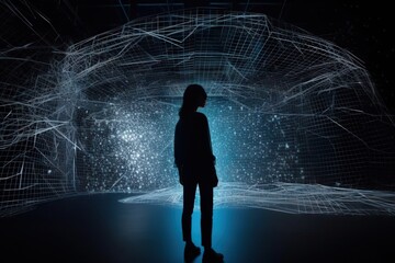 Poster - A Person Standing In A Dark Room With A Blue Light Coming From The Ceiling Workshop Video Art Data Analytics Generative AI 