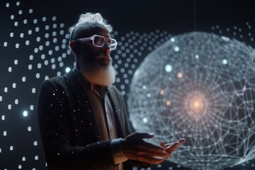 Poster - A Man With A Beard And Glasses Standing In Front Of A Projection Lunar Landscape Animation Motion Graphics Generative AI 