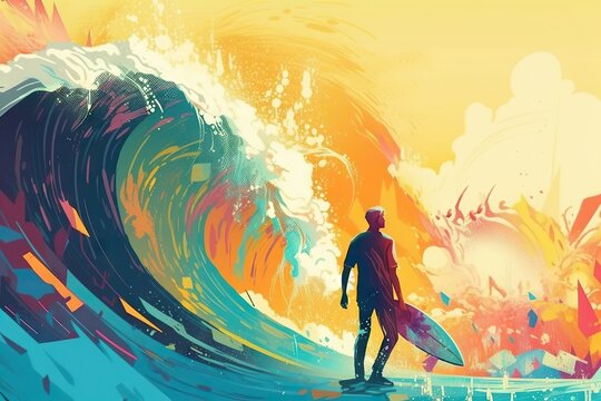 A Man Standing On A Surfboard In Front Of A Large Wave Deep Sea Trench Graphic Design Digital Illustration