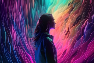 Fototapete - A Woman Standing In Front Of A Colorful Wall With Wavy Lines Canyon Video Art Motion Graphics
