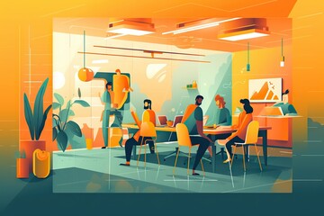 Poster - A Group Of People Sitting Around A Table In A Room With Plants Conference Room Animation Motion Graphics